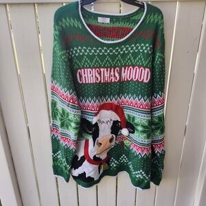 Holiday Time Green Christmas Cow Sweater